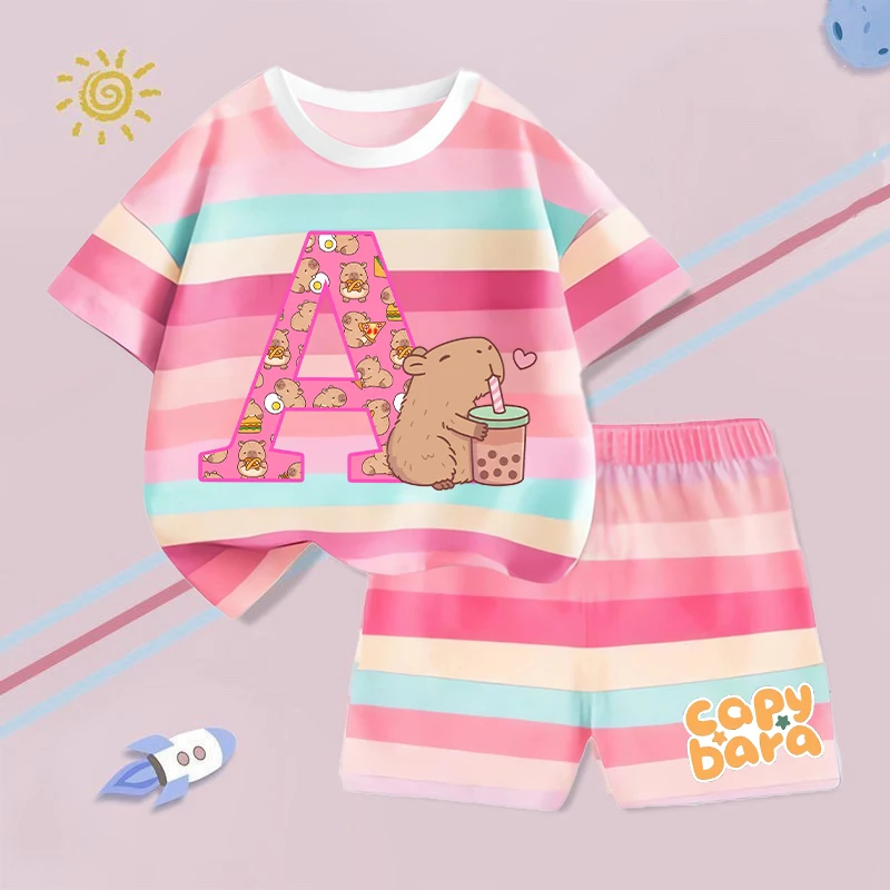 Capybara Girl T-shirt Pants Set Kawaii Capibara Letter A-Z Tees Trousers Summer Outdoor Sport Kids Clothes Children Short Sleeve