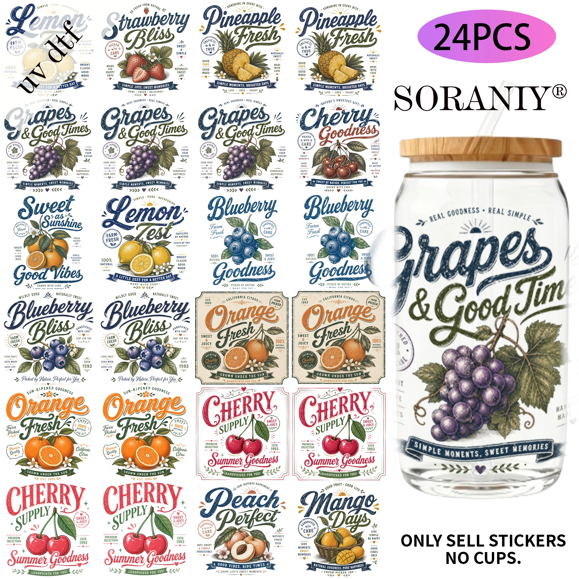 

24PCS/Set Vintage Fruit Themed UV DTF 16OZ DIY Transfer Sticker For 16OZ Water Bottles Glass