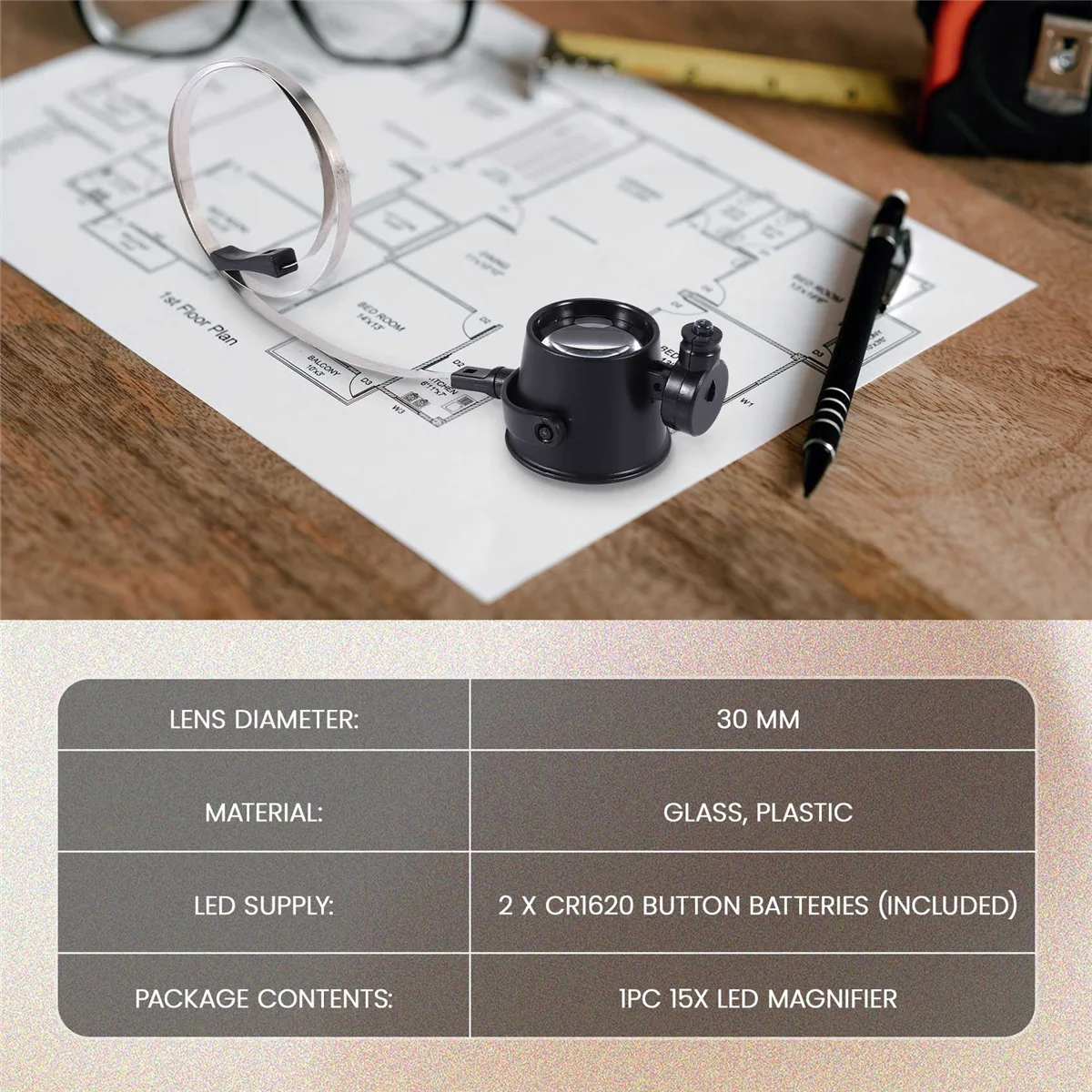 Y06A Illuminated 15X Magnifier / LED Eye Loupe For Repairing Clocks Watches Gems