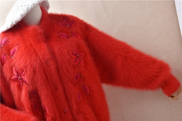 Women Mujer Autumn Winter Vintage Embroidery Beading Angora Rabbit Hair Knitted Long Batwing Sleeves Loose Cardians Sweater Coat