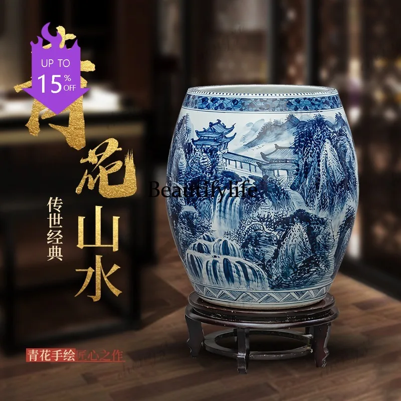 03 Ceramic hand-painted blue and white porcelain painting scroll cylinder living room antique vase storage bucket ornament
