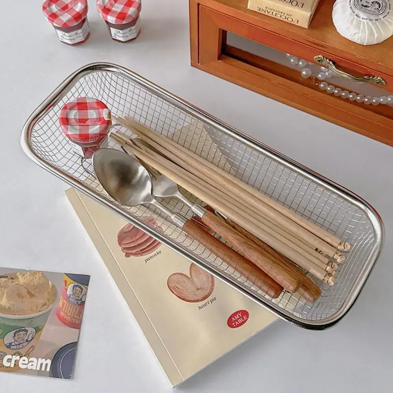 Stainless Steel Mesh Fruit Basket Rectangular Wire Storage Tray Kitchen Vegetable Washing Basket For Countertop