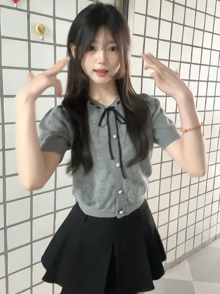 

Korean Sle ort Sve T-irt Women Summer Miu Small Size Knitted Cardigan Top Knot Hollow out Bubble Sve