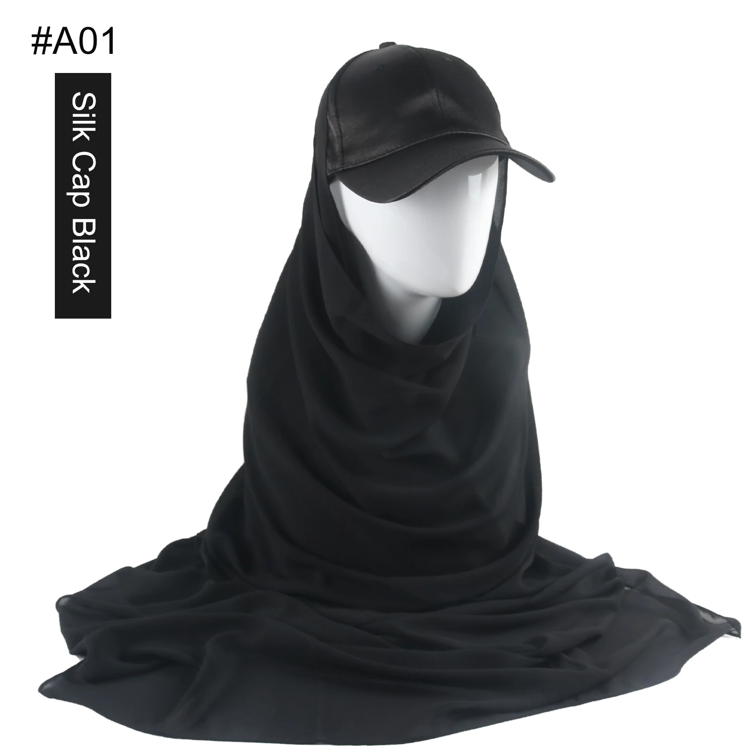 Ready To Wear Satin Silk Baseball Hat With Hijabs Instant Chiffon Hijab With Silk Baseball Caps Abaya Muslim Woman  Headscarf