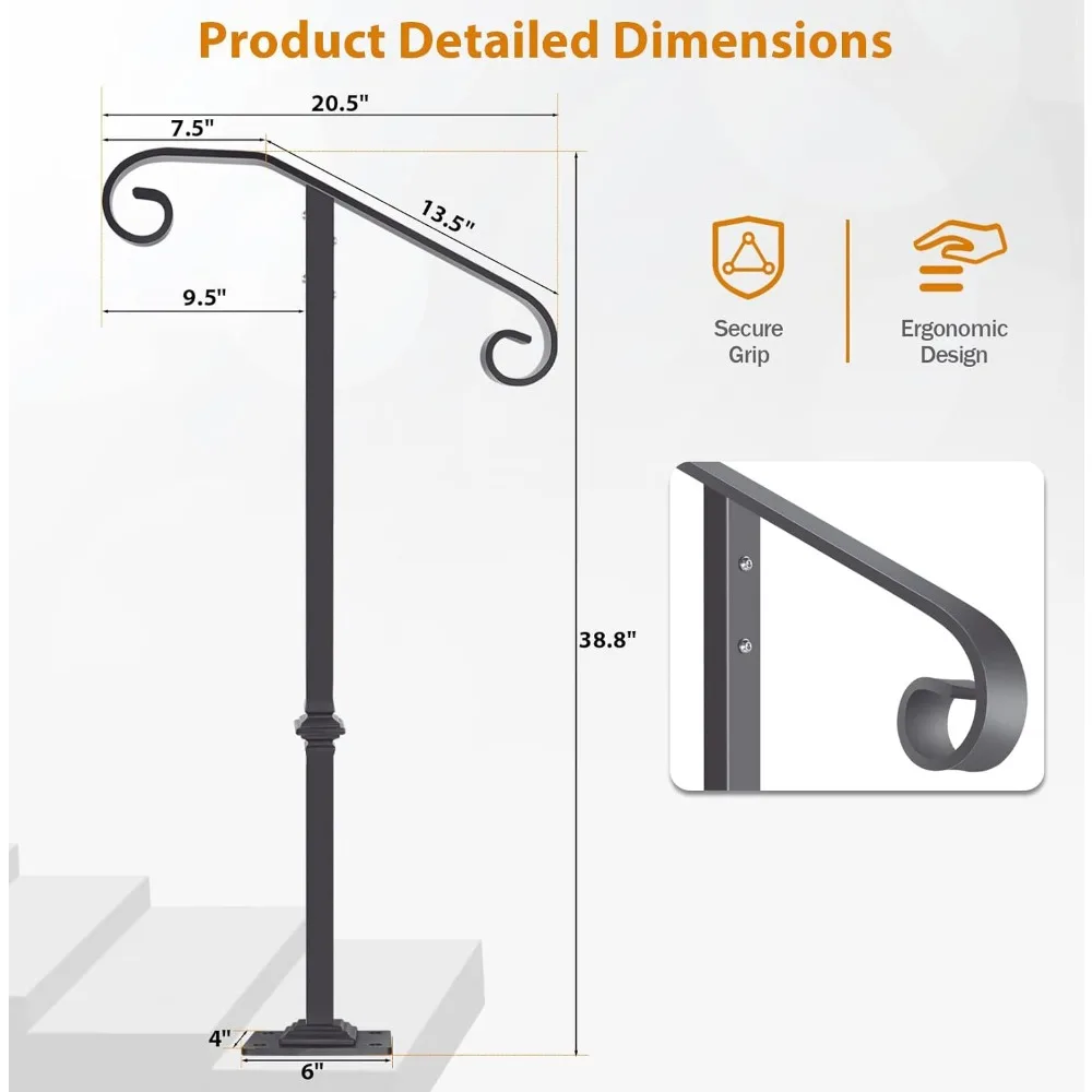 درابزين سلالم خارجي 38.8 مرتفع، عمود فردي لخطوات 1-2، درابزين متين لخطوات الخرسانة والخشبية، مناسب للفناء الخلفي #2