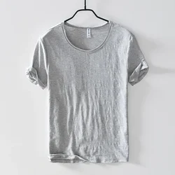 Summer Boutique Cotton 100% Men's Casual V or O neck Short Sleeve T-shirt Thin Breathable Comfortable Solid Color Male T-shirt