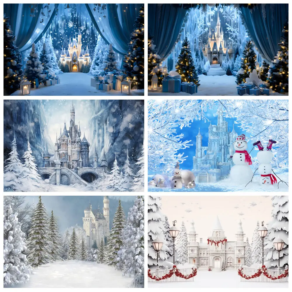 

Winter Castle Christmas Photography Backdrops Snowy Forest Snowman Christmas Tree Girl Princess Birthday Background Photo Studio