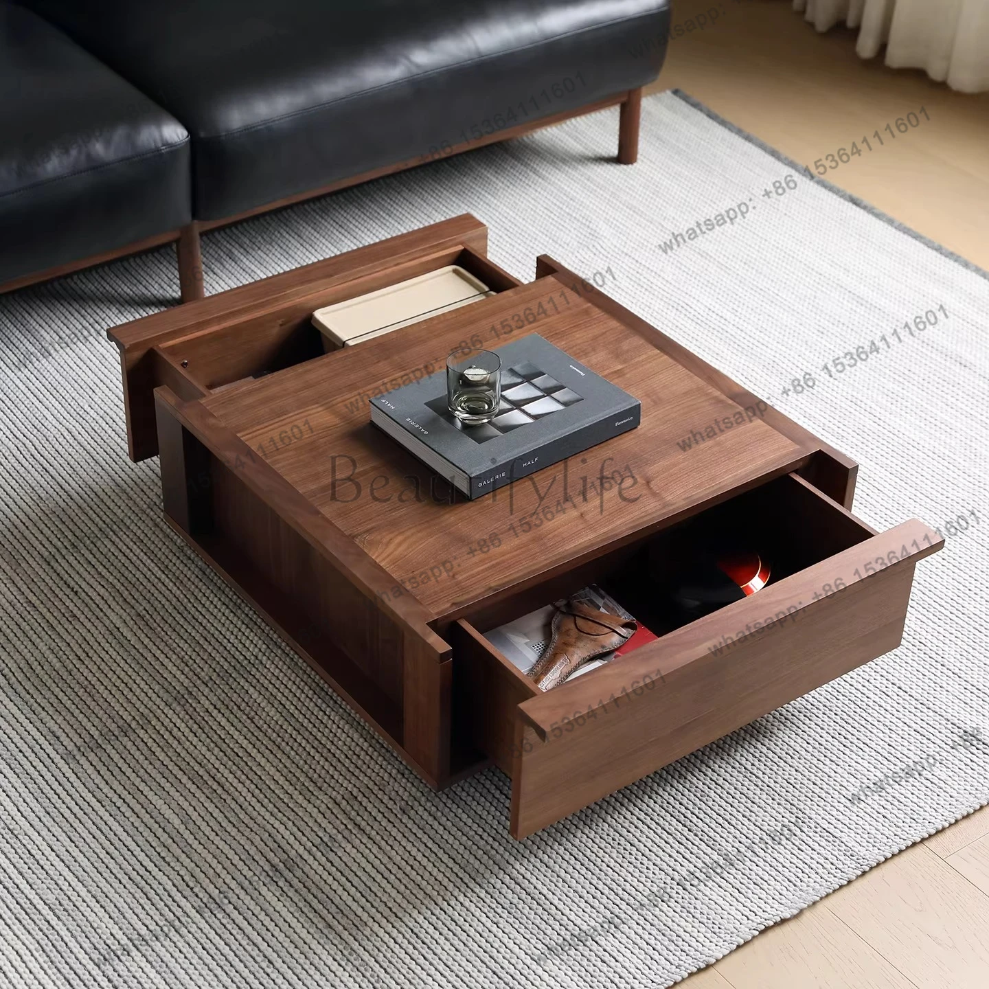 Nordic NORHOR/medieval retro/BLOCK North American walnut double pumping storage square coffee table