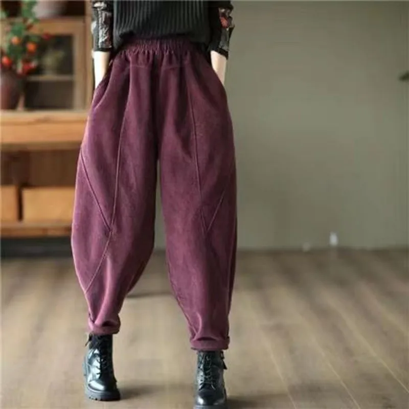 2023 New Arrival Spring Autumn Women Vintage Patchwork Ankle-length Pants Casual Loose Corduroy Elastic Waist Harem Pants P641