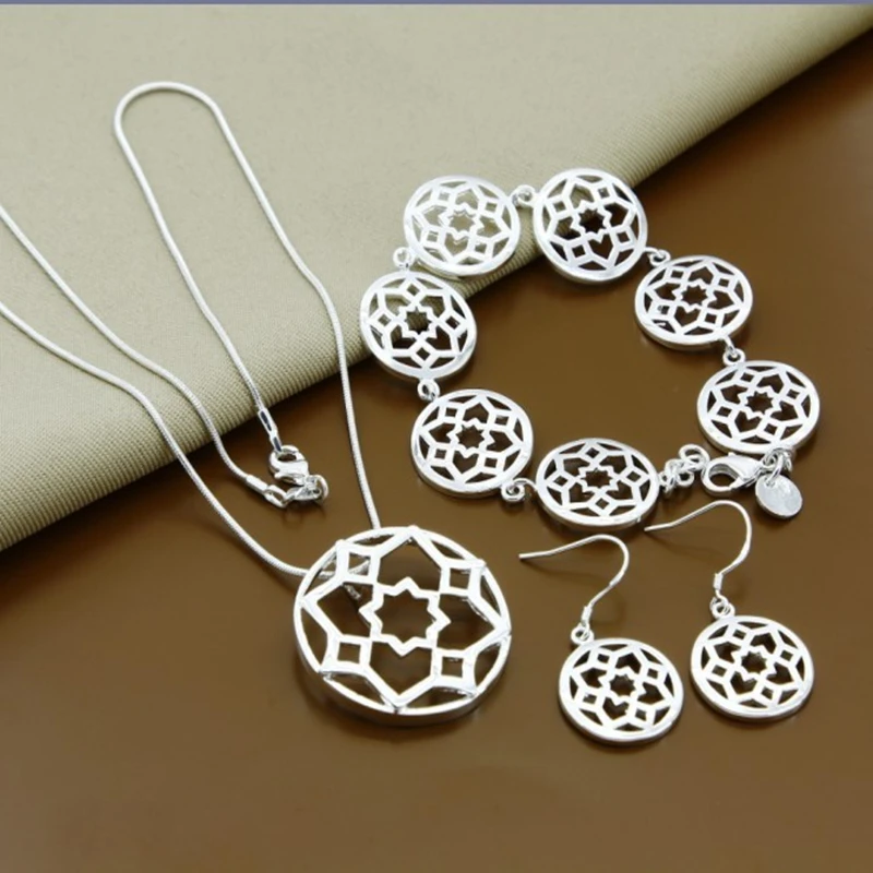 925 فضة جولة زهرة القرط قلادة سوار مجموعة للمرأة مجوهرات الزفاف الخطوبة #1