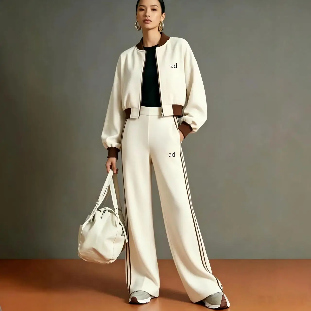 New autumn and winter fashion contrasting ribbed stand up collar short sports suit - high waist wide leg pants two-piece set