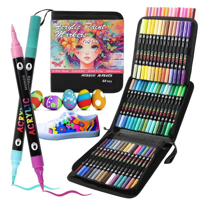 

Профессиональные акриловые маркеры для художников, 24-120 цветов, с двумя наконечниками (тонкий и кисть), подходят для камня, дерева, каллиграфии