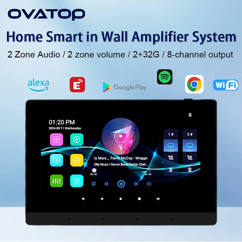 7 inch Home smart 8x30W power in wall amplifier Android 11 audio system bluetooths sound controls panel WIFI Stereo music player