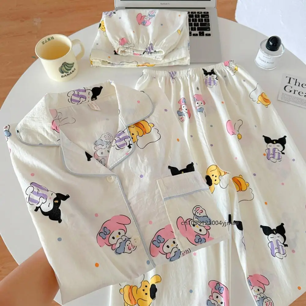 

3Pcs Hello Kitty Women's Pajamas Set Sanrio Loungewear Girl's Cartoon Lapel Short Sleeve Pants Kawaii Fashion Casual Home Wear