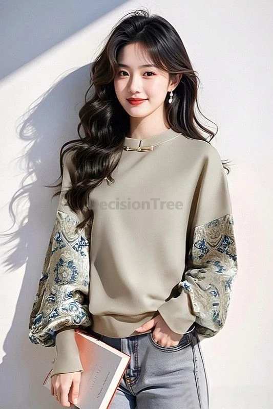 

Новинка 2025, толстовка с принтом в китайском стиле, модный дизайн, лоскутная блузка с пряжкой в виде диска и длинными рукавами, темпераментный топ Ципао