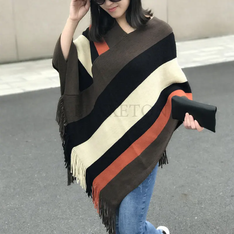 Three Color Striped National Style Shawl Women's Thick Warm Quality Comfortable Windproof Outdoor Shawl