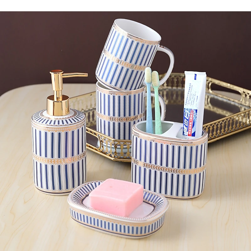 Bathroom Set Golden Stripes Ceramic Toiletries Shower Gel Bottle Hand Washing Fluid Soap Dishes Portable Dispensers