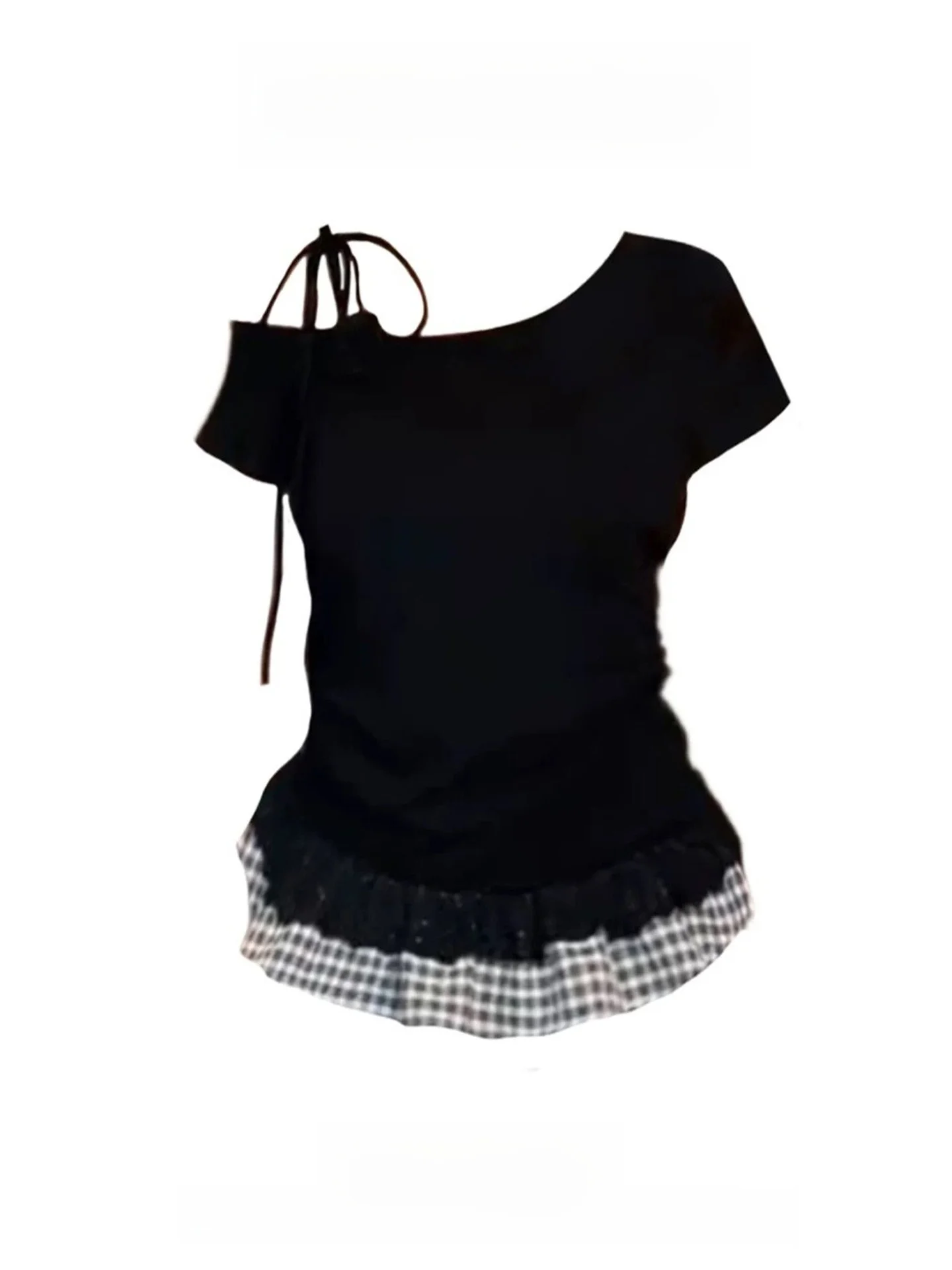 

Spicy Girl Fake Two-Piece Shoulder T-Shirt Women Summer Design Slim Fit Plaid Lace Trim Shoulder Baring Top Ins Korean Style ...