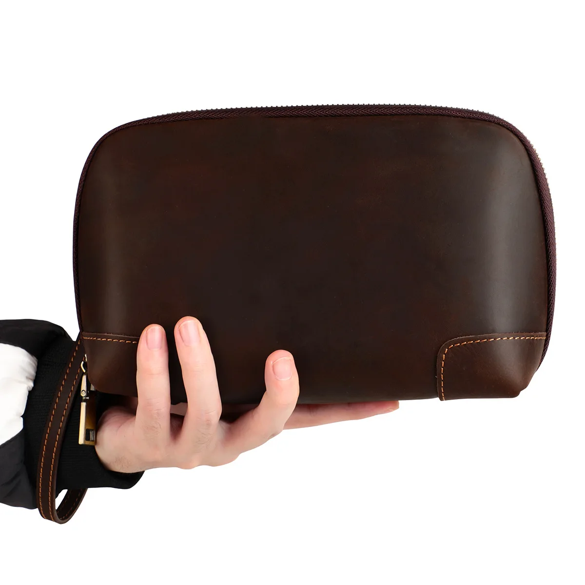 Vintage Man Handy Bag Genuine Leather Storage Bag With Wrist Strap Man Wallet Crazy Horse Leather Men's Clutch Bag