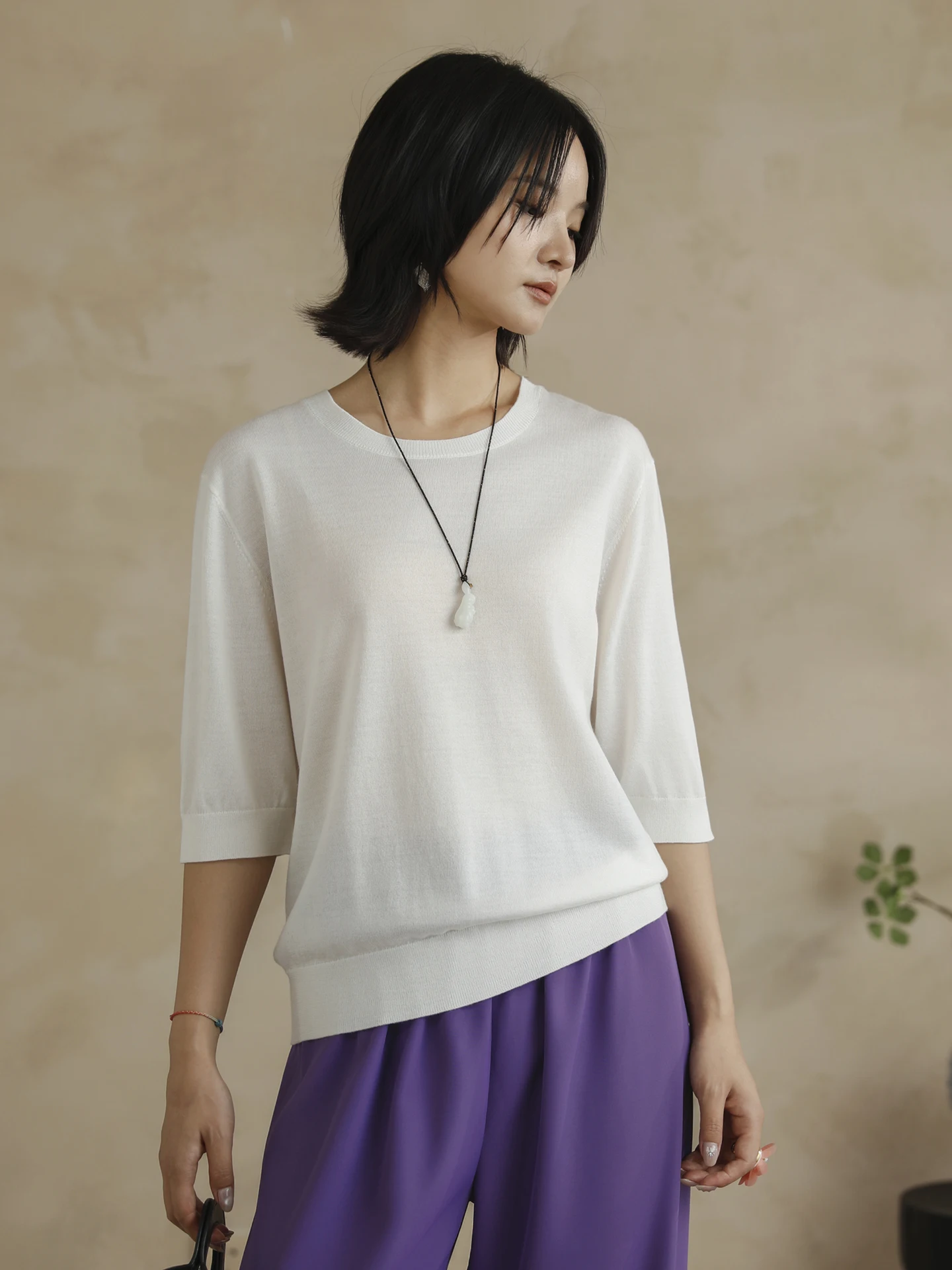 

Вязаный свитер Ele для женщин: универсальный модный предмет гардероба из тонкой шерсти и шелка, с круглым вырезом, дышащий, повседневный стиль