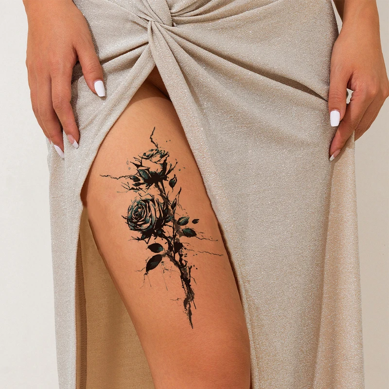 Blue Enchantress Rose Sexy Leg Realistic Tattoo Stickers, Colorful, Waterproof, Sweatproof, Disposable Temporary Stickers