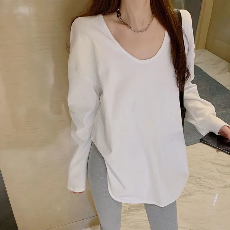 Korean Sle Autumn and Winter New Loose Cotton White Long sleeve Bottoming Shirt Women Mid-Length Split Internet Celebri P...