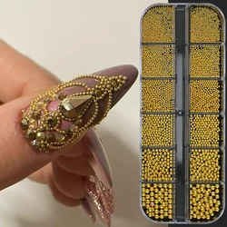 12Grids/Box Gold Caviar Beads Nail Charms 3D Mixed Sizes Mini Round Beads Y2K Nail Decoration DIY Nail Art Metal Parts Accessory
