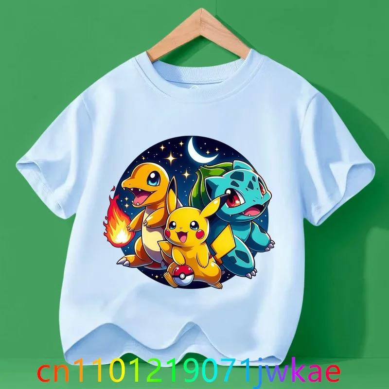 Tops de cumpleaños Kawaii, nueva camiseta de Pokemones de dibujos animados para niños, ropa estampada bonita para niños y niñas, traje de Anime, camisas de manga corta