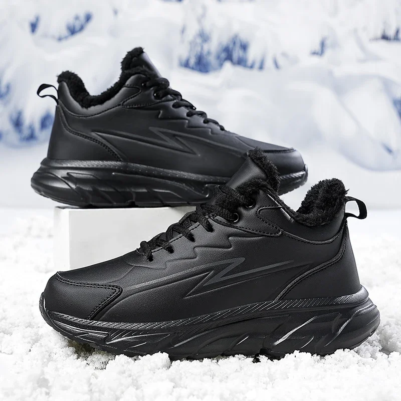 Black Leather Shoes for Men Size 48 Height Increasing Winter Fashion Sneakers Plus Fur Warm Outdoor Cotton Casual Shoes Men Shoe