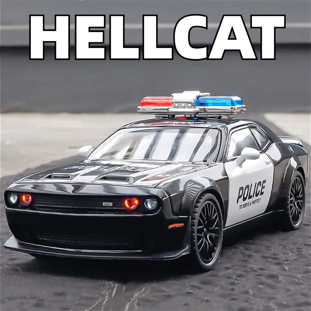 Skala 1:32 Hellcat ładowarka samochodowa policyjna Challenger 1970 zabawkowy model odlew ze stopu wycofać dźwięk lekki pojazd dla chłopców prezenty