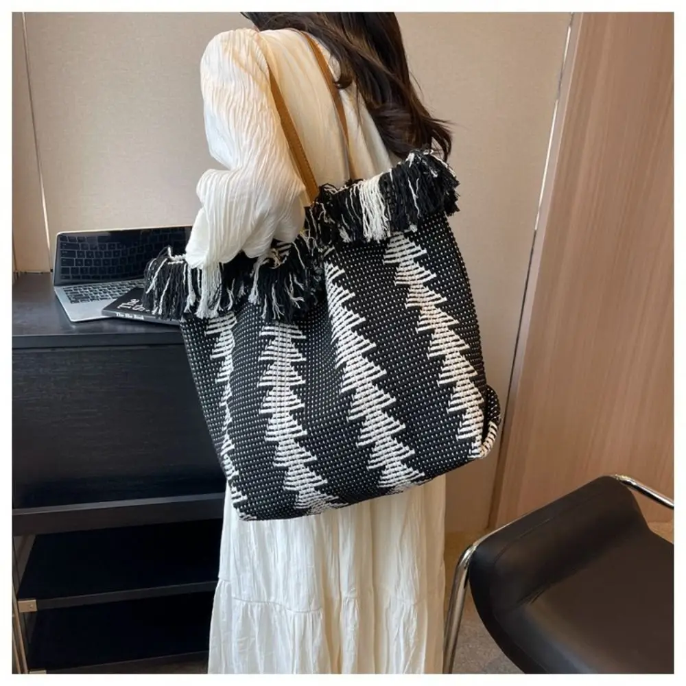 

Office Worker Tote Printing Tassel Shoulder Bag Embroidery Handbags Straw Bag Large Capacity Korean Weave Tote Bag Women