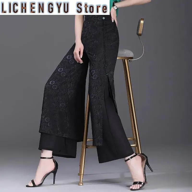 Double Layer Jacquard Chiffon Wide Leg Pants Female Side Split Thin Pants Summer High Waist Trousers Ladies Casual pants