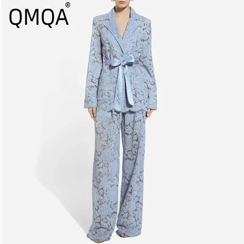 

QMQA Fashion Women's Two Piece Set Lapel Long Sleeves Spliced Single Breasted Top High Waist Patchwork Hollow Out Pant Sets M471
