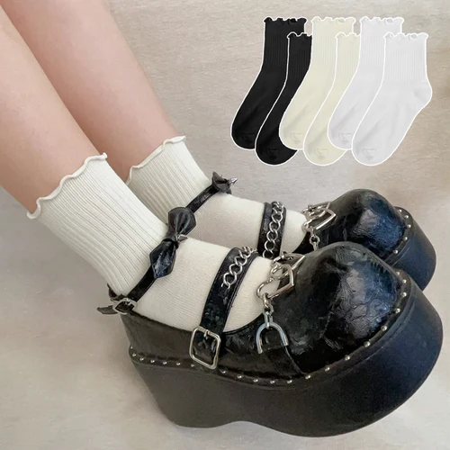 Imagen 2 del producto 1/6 pares de calcetines con volantes de Lolita para mujer, calcetines tobilleros holgados y dulces con orejas de madera y borde rizado, medias de tubo medio, calcetines finos de algodón transpirables