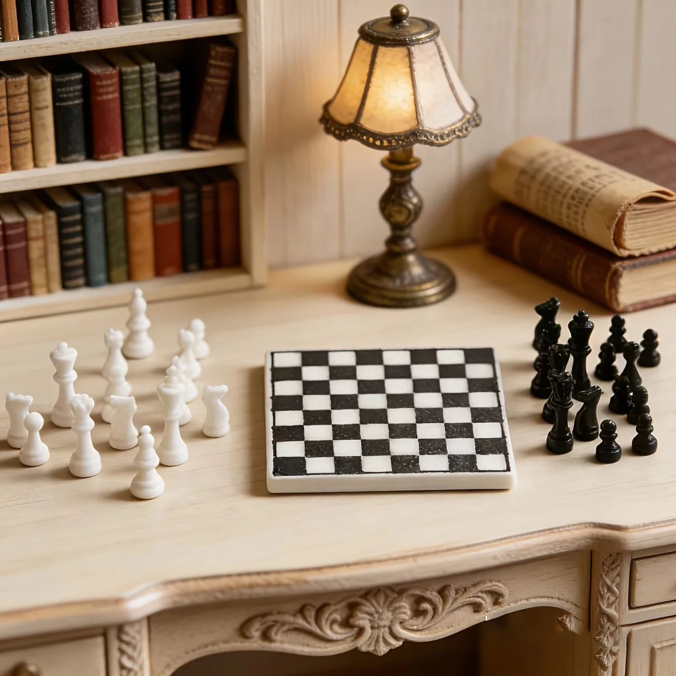 1 Satz Miniatur-Kreativ-Schachspiel mit schwarz-weißem Schachbrett, ideal zur Dekoration von Puppenhaus-Wohnszenen. – Detail 3