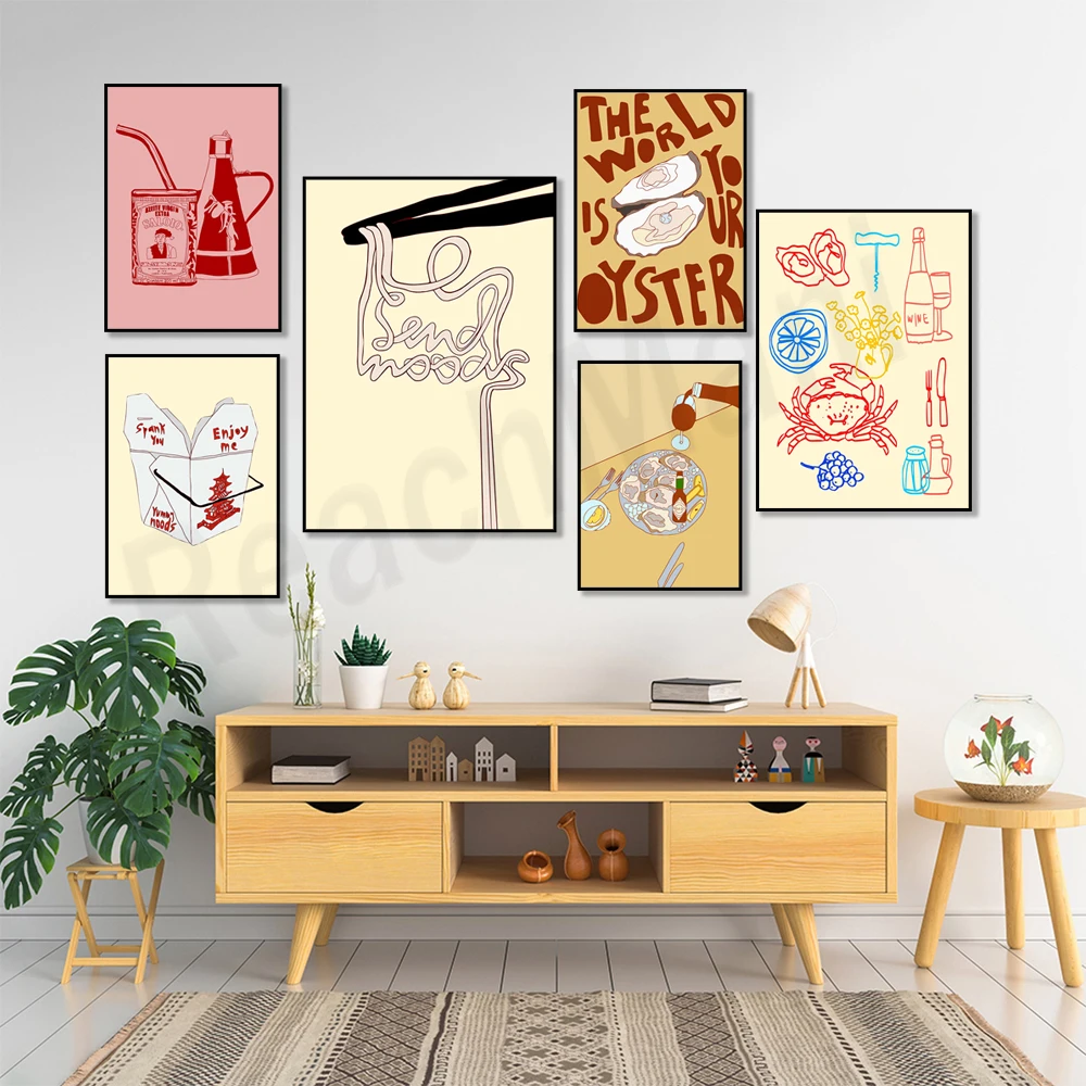 Food print, oyster print, broccoli, lemon and orange, ramen soup, soy sauce, crab, strawberry basket, colorful kitchen poster