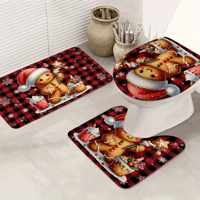 Gingerbread Man Christmas Rug Set - 3pcs, Non-Slip & Machine Washable Floor Mats for Kitchen, Bathroom, Bedroom - I