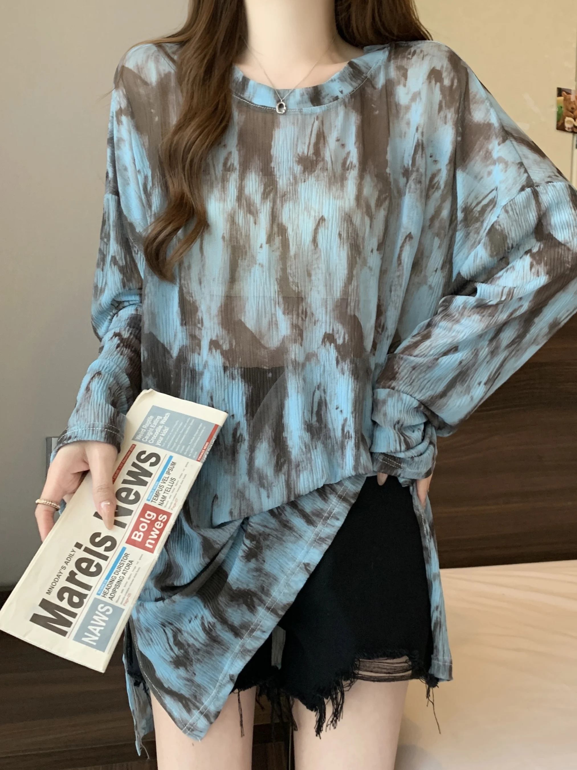 

Loose Oversized Women's T-irt Dyed Me Long Sve Thin Base irt Spring Summer Casual Commute Sle Pear Body pe