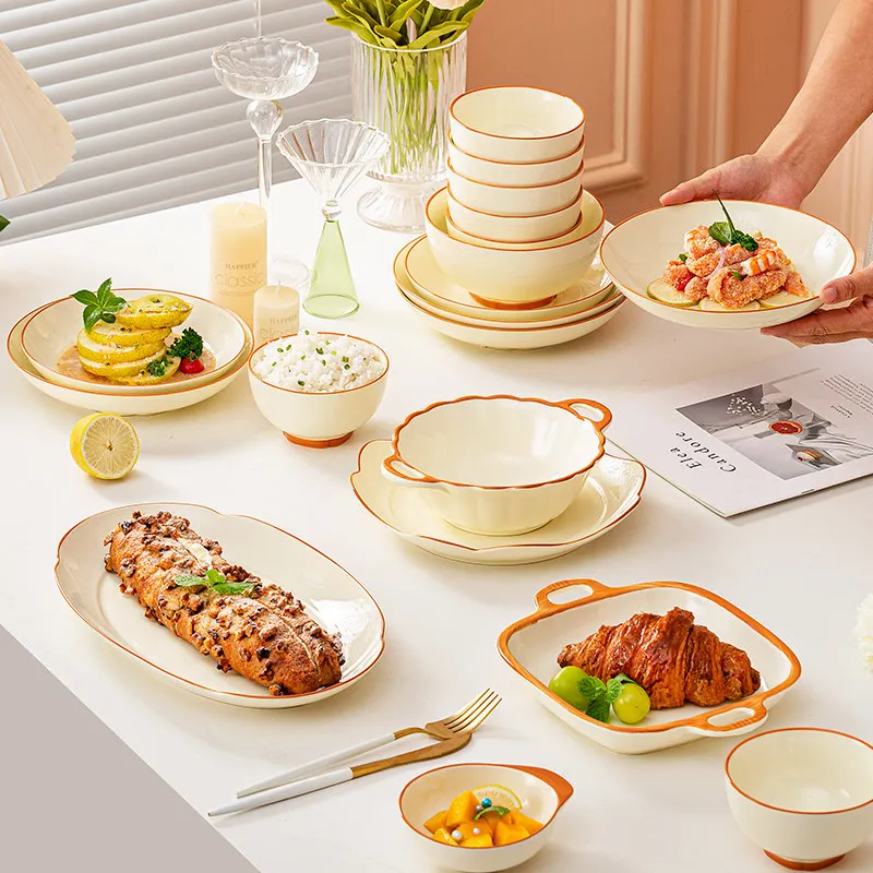 Aesthetic Yellow Dinner Set Plates Full Set Unique Luxury Ceramic Dinner Set Kitchen Christmas Bajilla Ceramica Dinnerware