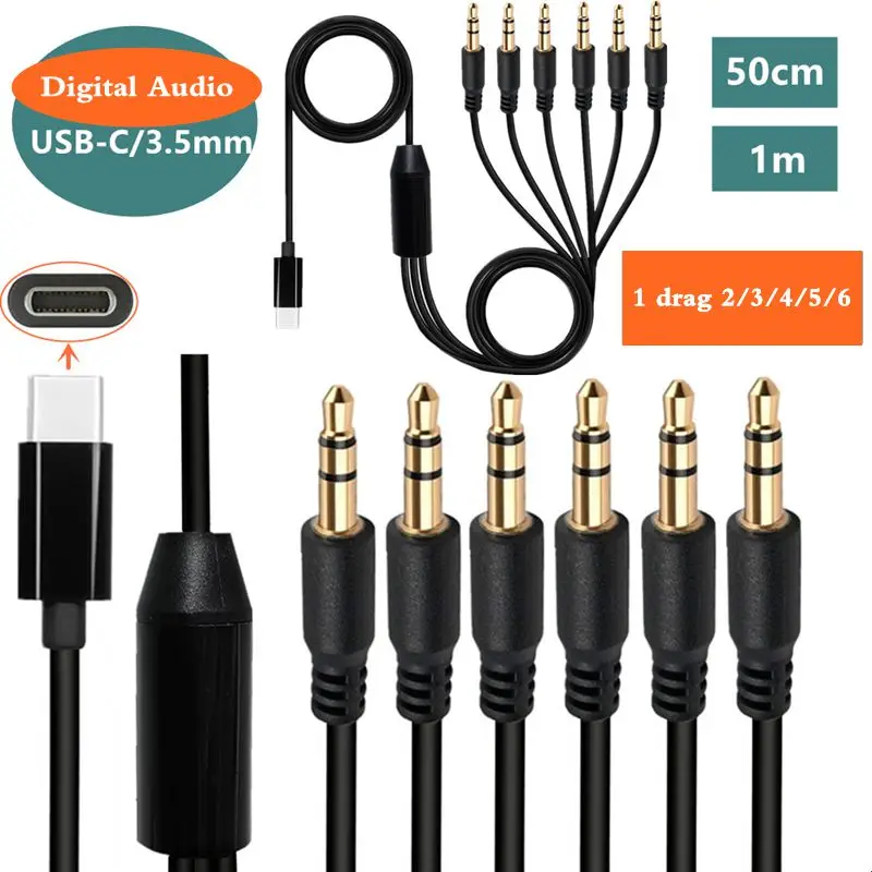 1 to 2/3/4/5/6 Multi Head USB Type-C Male to 3.5mm 3-Pole Male With Digital Audio Chip Audio Cable Headphone Cable 50cm 1m