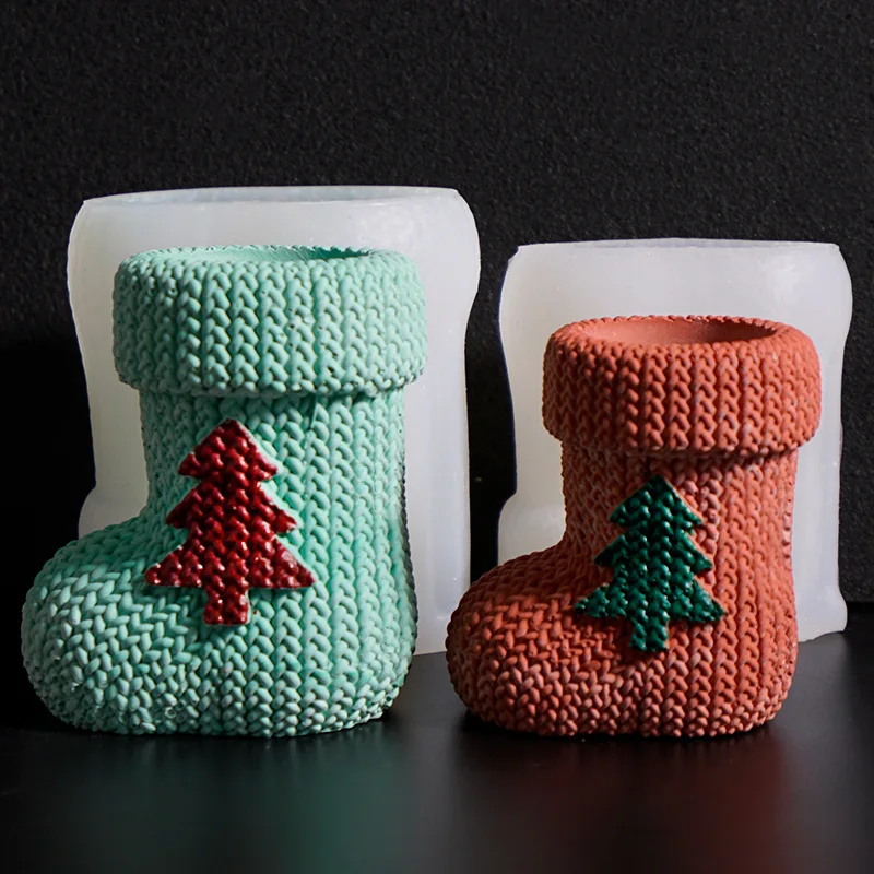 Gypsum Mold Christmas Woolen Socks Candle Cup Mold Embossed Christmas Tree Socks Ornament Silicone Mold