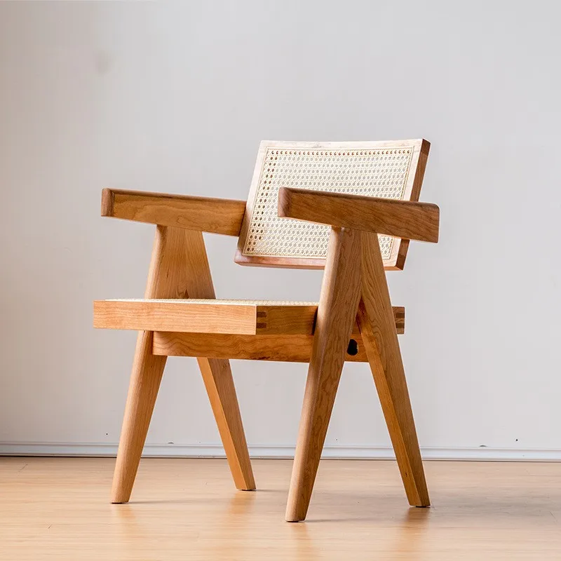 Modern Jeanneret Dining Chair Armchair with Cane Seat and Back Dining Room Funiture with Solid Cherry/Oak Wood Chair For Kitchen