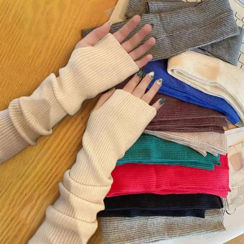 Winter Y2K Solid Arm Sleeve Fashion Casual Soft Girls Clothes Punk GlovesWomen Knitted Arm Warmer Long Fingerless Gloves Mitten