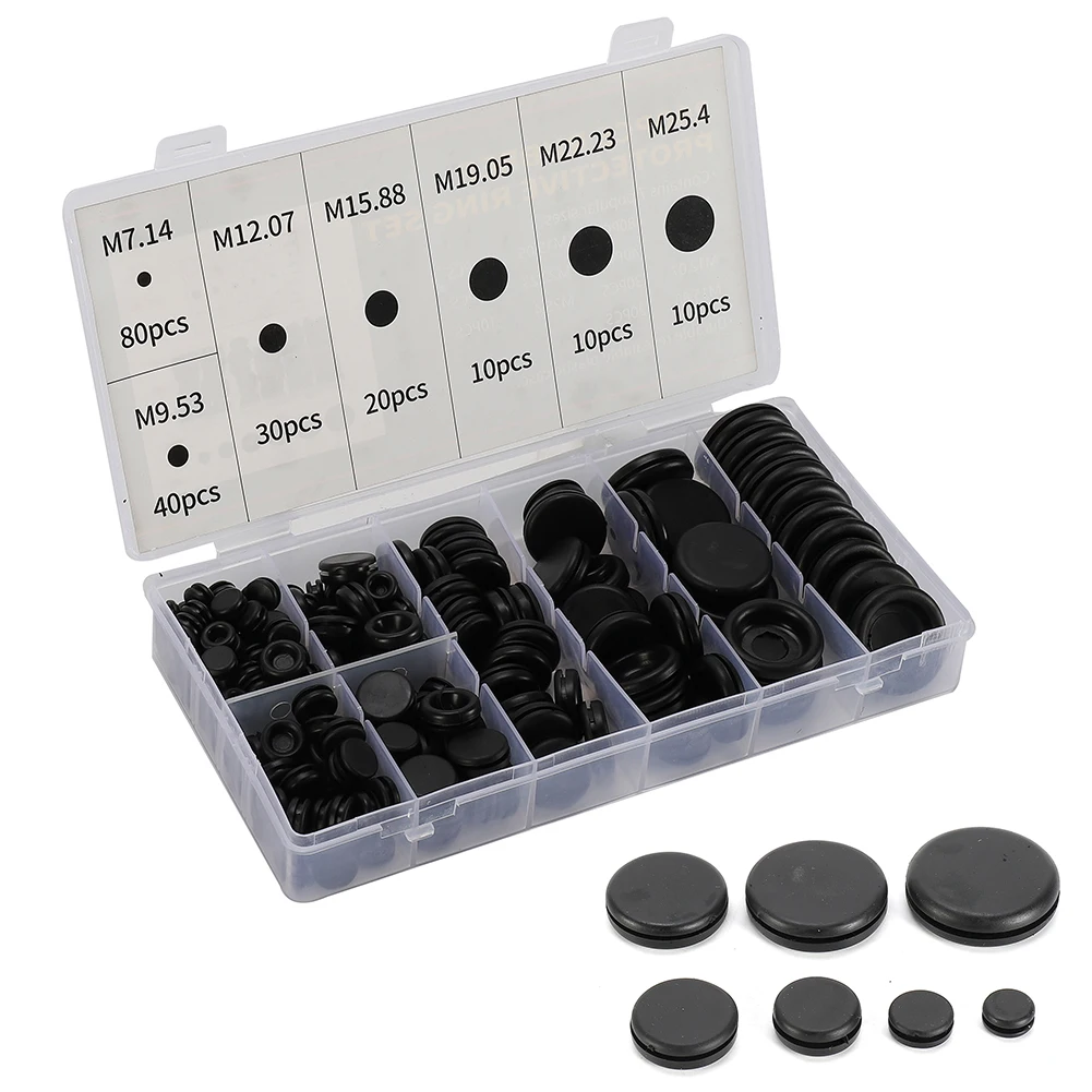 Open/Closed Rubber Grommet 200PCS Assortment Kits Black Blanking Grommets Blind Rubber Tools High Quality Open/Closed