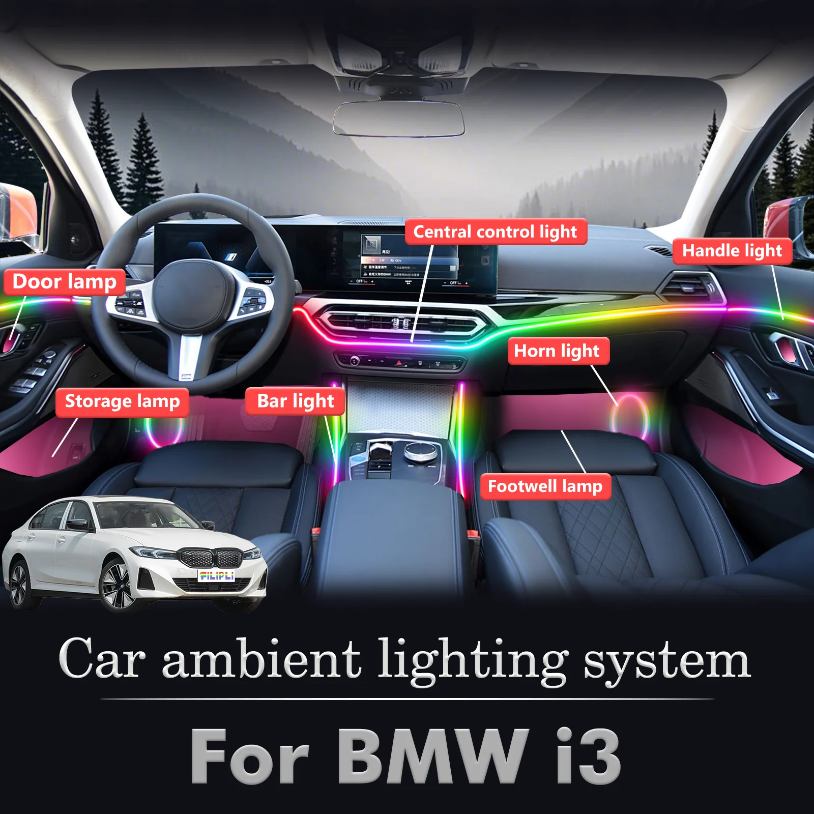 

For BMW I3 RGB 64 Colors LED Smart Remote Control Car Interior Ambient Light Energy Saving Efficient Lamp Set