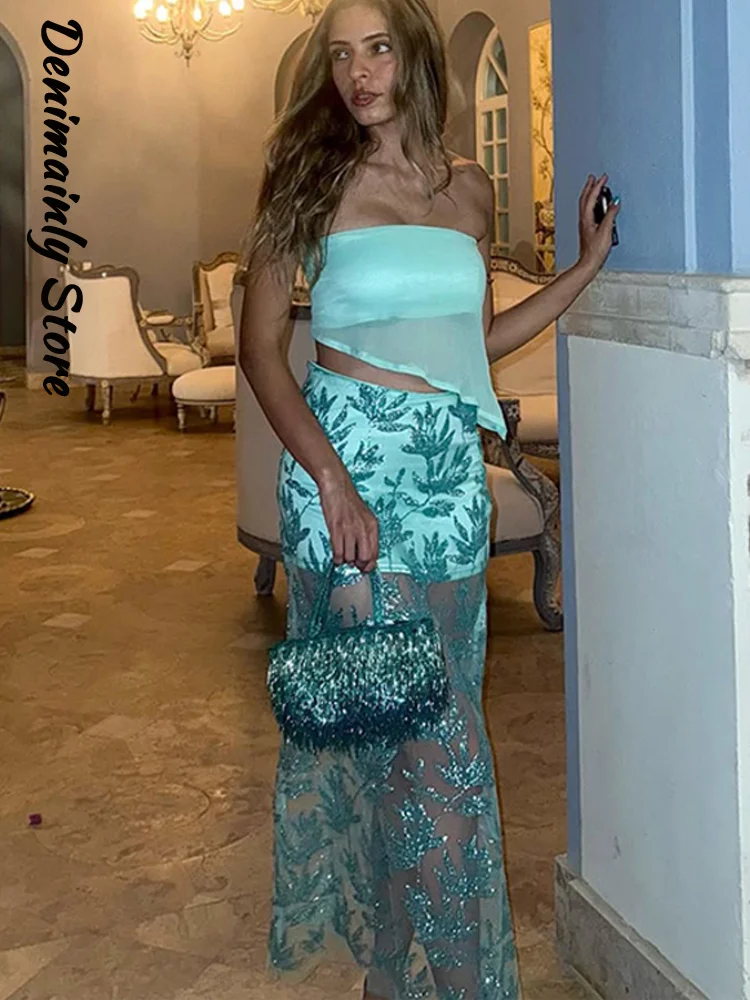 

Sexy See Through Strapless Sequins Skirt Set Women Sleeveless Backless Crop Top Tulle Splicing Skirt 2025 Summer Lady Party Sets
