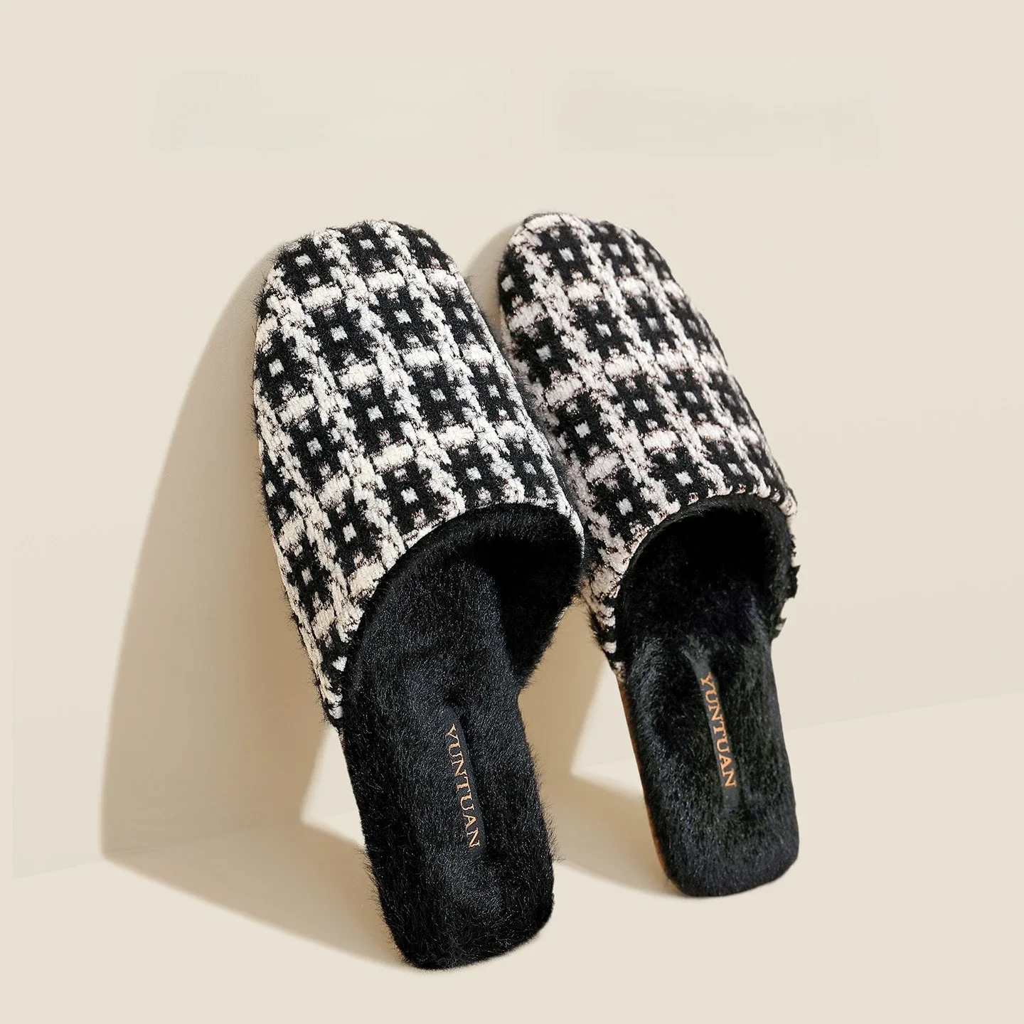 

Autumn Winter Tweed Elegant Luxury Fleece Lined Warm Cotton Slippers for Women Indoor Fashionable Home Slippers