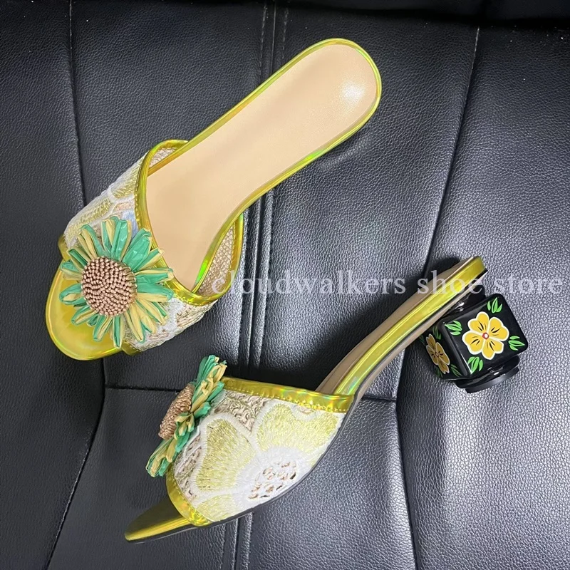 Iridescent Embroidery Upper Sunflower Embellished Summer Slipper Hand-Painted Flower Square Heel Playful Design Peep Toe Slipper view 4