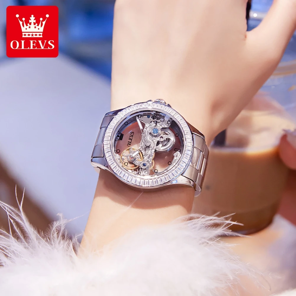 New OLEVS Fashion Skeleton automatic Mechanical Watch for Women Leather Strap Waterproof Transparent diamonds Lady Watches