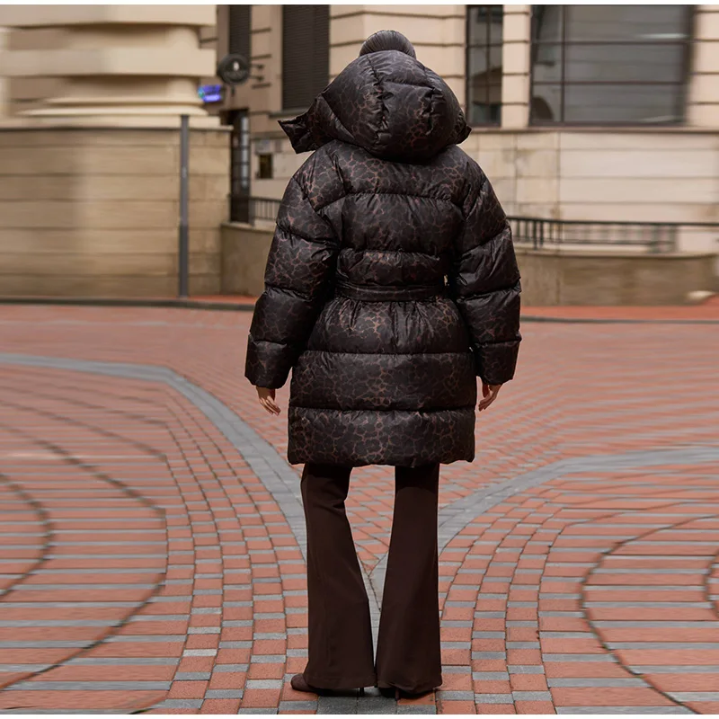 Leopard Print Hooded Puffer Women's Winter Coat Belted Waist Midi Length Padded Jackets for Woman Jacket Warm Streetwear
